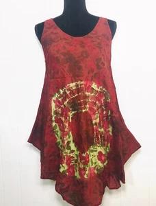 Handmade Tunic Dress, Cotton Floral Beach Dress, Kurti, Sleeveless, Red, Medium - Picture 1 of 4
