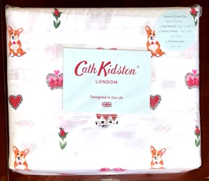 4 pc Cath Kidston London Royal Ditsy Ruby Corgi Queen Sheet Set Cotton Hearts - Picture 1 of 3