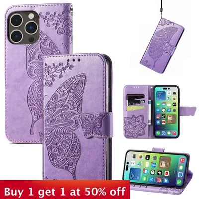 Butterfly For iPhone 15 Plus 14 13 12 11 Pro Max Leather Wallet Stand Case Cover - Image 1 of 4