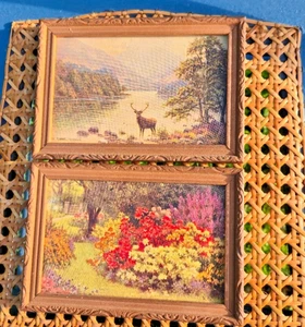 Antique English Oilette art Prints Wood Frames Deer Landscape & Floral Garden - Picture 1 of 12