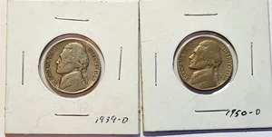 1939-D, 1950-D (2) Zwei Stichtage Jefferson Nickels - Bild 1 von 5