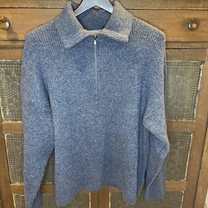 J Crew Men L Ribbed Knit Sweater 1/4 Zip Merino Wool Blend Blue Comfort Classic - Picture 1 of 11