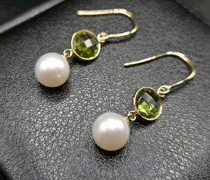 14k Gold Pearl & Peridot Dangle Earrings - Picture 1 of 3