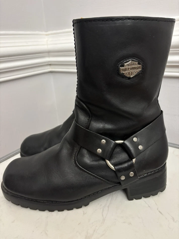 Botas para mujer Harley-Davidson arnés de cuero negro cremallera lateral 84187 talla 8,5 Foto 1 de 4