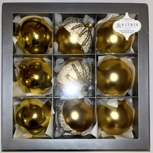 VITBIS Set Of 9 Glass Christmas Ornaments Handmade Poland Gold NEW in Box - Picture 1 of 3