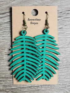 Hand Painted Laser Cut Wood Earrings Green Boho Leaf Dangles 2.5" - Picture 1 of 1