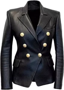 Damen Kim Kardashian Zweireiher Slim Fit Lammleder Blazer Mantel - Bild 1 von 6