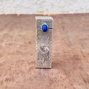1930s 800 Silver Floral Lipstick Holder Case with Mirror and Blue Stone, #CE1166 - Picture 1 of 12