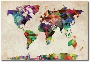 Michael Tompsett 'Urban Watercolor World Map' Canvas Art - 22" x 32" - Picture 1 of 4