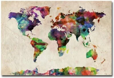 Michael Tompsett 'Urban Watercolor World Map' Canvas Art - 22" x 32" - Image 1 of 4