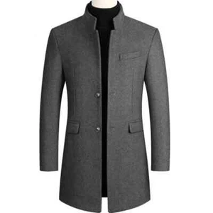 Manteau hiver homme laine haute qualité couleur unie col support épaissi chaud - Photo 1/31