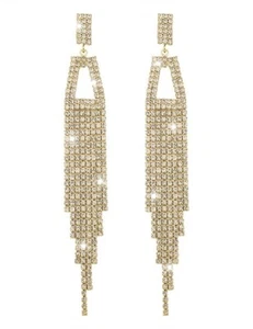 Tassel Earrings Gold Plated Prom Long Shiny Sparkly Rhinestones Bridal Pageant - Picture 1 of 4