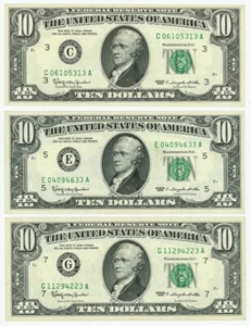 FR #2016 $10 1963 (3) Federal Reserve Notes Asst Districts DC-6202 - Picture 1 of 2
