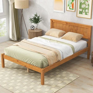 Full Size Bed Frame Wood Platform Bed with Headboard Wooden Slat Support Oak - Picture 1 of 13