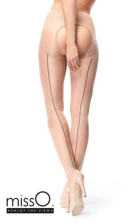 1 Miss O Open Gusset Crotchless Gloss Tights 20 Denier With Back Seam S-xxl XXL Beige - Black Seam