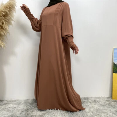 Women Loose Robe Muslim Dress Kaftan Solid Color Lace Sleeve Abaya Simple Burqa - Image 1 of 4