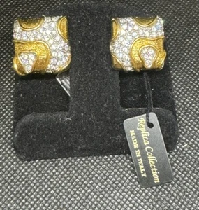 Vintage REPLICA EARRINGS Italy Gold Rhinestone Clip On Chunky Abstract Splotch - Picture 1 of 3