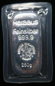 Heraeus 250 g Silberbarren | Feinsilber 999 | gegossen | LBMA-zertifiziert | TOP - Bild 1 von 1
