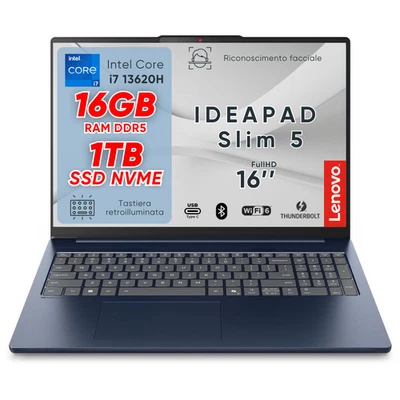 Lenovo Ideapad slim 5 Blue, i7 13Th, DDR5 16Gb, 16.0 FHD+, SSD 1Tb, Win11 Pro - Immagine 1 di 4