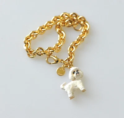 Signed Erwin E PEARL charm  bracelet cream Bichon Frise Gold Enamel Dog 7.5" - Image 1 of 4