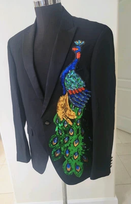BLAZER NEGRO 40 R DISFRAZ O FIESTA con GRAN DISEÑO PAVO REAL LENTEJUELAS BRILLANTES-29" L Foto 1 de 4