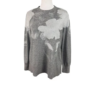 Chico's 1 M Silver Foil Intarsia Sweater Grey Floral Shimmer Long Sleeve Pullove - Picture 1 of 11