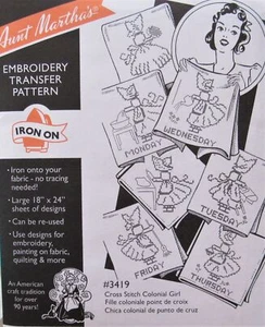 Aunt Martha's 3419 Sunbonnet Girl Days of Week Cross Embroidery Transfer Pattern - Imagen 1 de 1