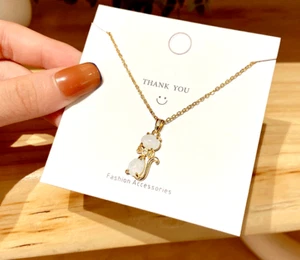 Titanium Cat Hello Kitty Gold Moonstone Kitten Pendant Chain Necklace - Picture 1 of 2