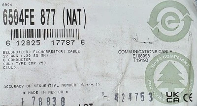 Cable de alarma/seguridad comercial blindado Belden 6504FE 22/6C CMP blanco/100 pies Foto 1 de 4