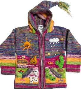 Child Toddler Hand Knit Peruvian Hooded Sweater Zip Up Animal Scene - Picture 1 of 12