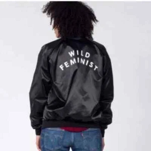 WILDFANG WILD FEMINIST Black Satin Bomber jacket Snap Closure Womens Size MEDIUM - Picture 1 of 15