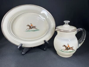 VINTAGE ovaler Teller/Sahnekännchen, handbemaltes Pferd englischer Reiter Sterling getauchter Rand - Bild 1 von 14