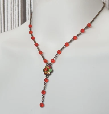 Michal Negrin Necklace Y Drop Orange Bead Flower With Swarovski Crystals Vintage - Image 1 of 4