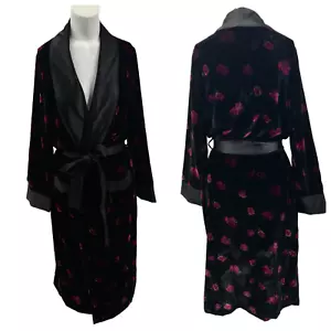 Victoria's Secret langer Morgenmantel Samt dunkel Blumen Satin gefüttert Größe S schwarz Taille zum Binden - Bild 1 von 15