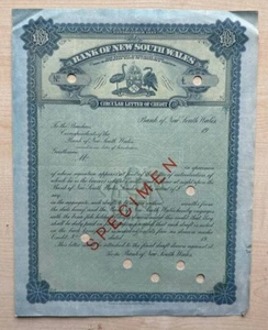 Australia Sydney Bank of New South Wales Letter of Credit Specimen - Picture 1 of 1