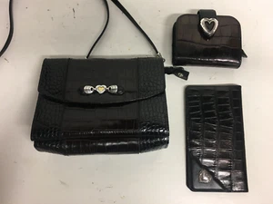 Brighton Nero/Marrone Croc Goffrato 3 Pezzi Combo - Borsa/Portafoglio/Libro degli Assegni - Usato in ottime condizioni! - Foto 1 di 23
