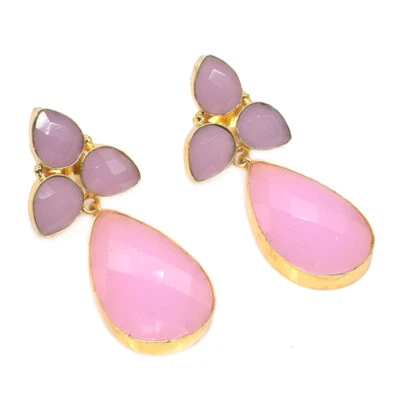Lágrima Cuarzo Rosa Piedras Preciosas Chapado en Oro Regalo para Mujer Pendiente 1.5" b236 Foto 1 de 4