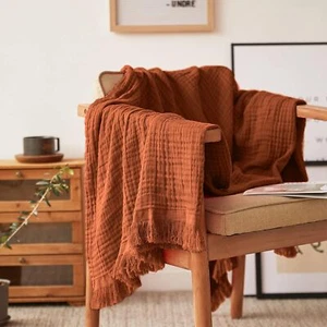 Manta de muselina de algodón para cama, sofá, tejido gasa óxido naranja - Imagen 1 de 3