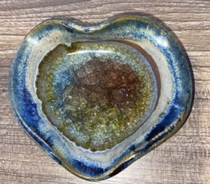 Blue Green Handmade USA Ceramic Geode Pottery Trinket Dish Crackled Fused Glass - Picture 1 of 9