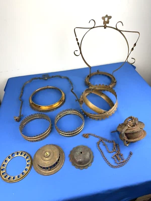 10 Antique Hanging Oil, Kerosene Lamp Parts, Restoration Parts Lot - Image 1 of 4