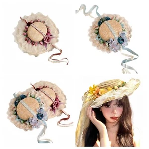 Sombrero de paja floral vintage victoriano para niñas y mujeres fiesta del té sombrero plano fascinador - Imagen 1 de 15