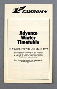 CAMBRIAN AIRWAYS ADVANCE AIRLINE TIMETABLE WINTER 1971/1972 - Picture 1 of 2