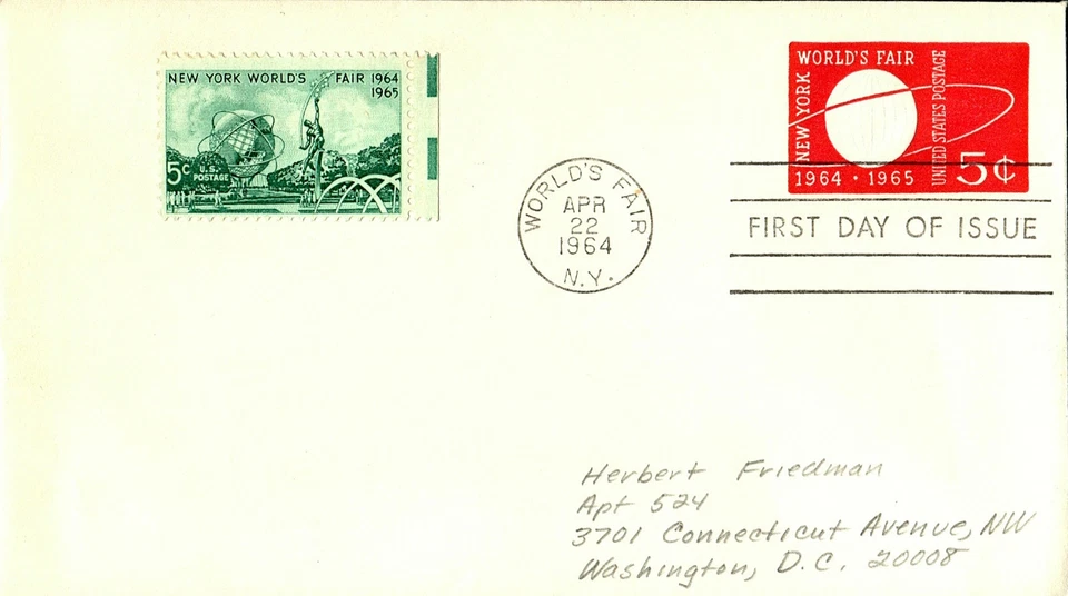 New York World's Fair First Day of Issue Apr 22 1964 New York Washington DC  - Image 1 of 1