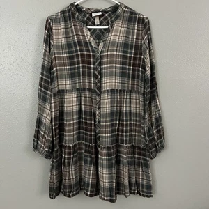 Knox Rose Brown Green Plaid Tiered Button Front Mini Dress Size L Grunge Prairie - Picture 1 of 10