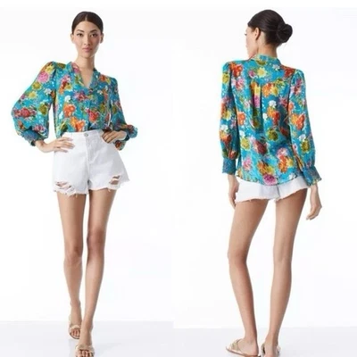 Blusa ALICE + OLIVIA Azul Básica Estampado Floral Calada "Sheila", Talla XS 395 $ Foto 1 de 3