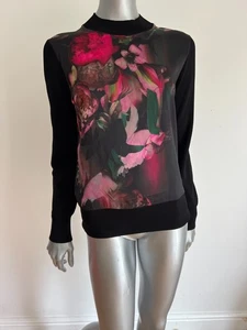 TED BAKER Knit Top Jumper Womens TB 2 UK 10 Tabithr Black Floral Print Panel NEW - Picture 1 of 20