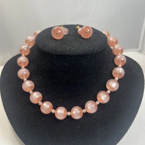 Vintage Pink Moonglow Lucite Necklace & Dangle Screw Back Earring Set - Picture 1 of 3