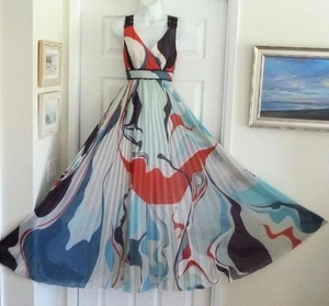 Anthro Geisha Designs Abstract Pleated Chiffon Maxi Crochet Lace Strap 00 XXS XS - Picture 1 of 15