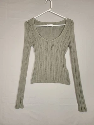 Hollister Juniors Medium Open Knit Fitted Long Sleeve Sweater Pale Green Preppy - Image 1 of 4