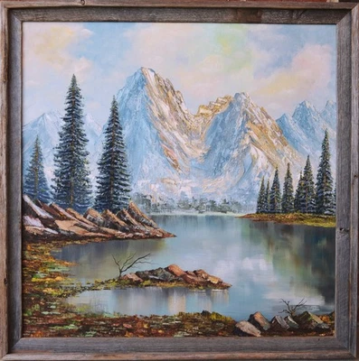 Vintage Original Oil Painting Mountain Landscape with Lake Wooden Frame Signed - Image 1 of 4
